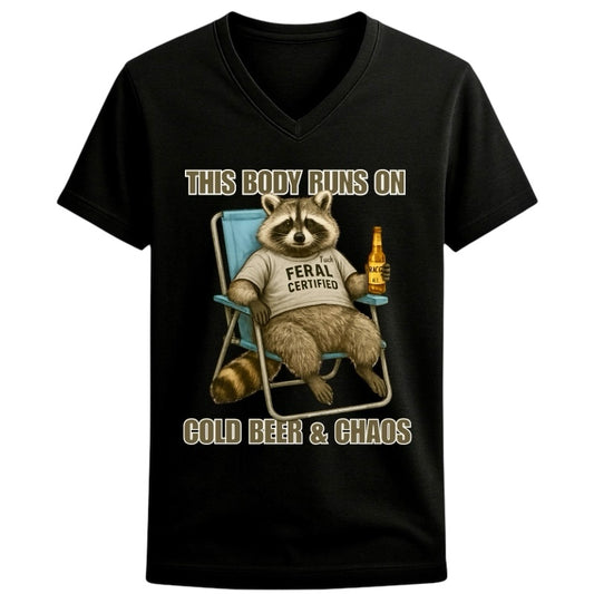 Cold Beer & Chaos Raccoon Tee – Unisex V-Neck Graphic Shirt | Feral Certified