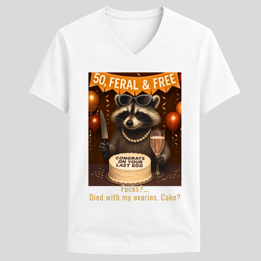 Congrats on Your Last Egg Raccoon Tee – Unisex V-Neck Graphic T-Shirt | 32° Super-Tech Fabric