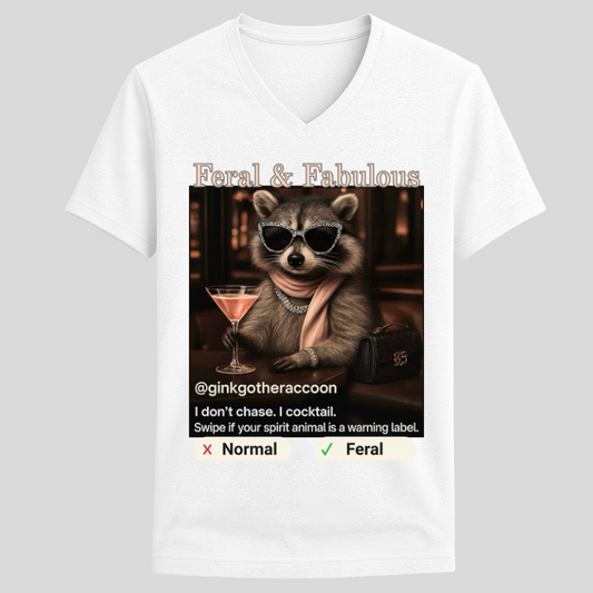 Feral & Fabulous Raccoon Tee – Unisex V-Neck Graphic T-Shirt | 32° Super-Tech Fabric