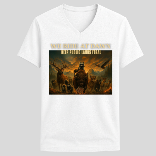 We Ride at Dawn Raccoon Tee – Unisex V-Neck Graphic T-Shirt | Keep Public Lands Feral