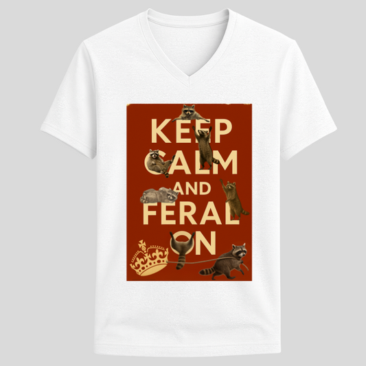 Keep Calm and Feral On Raccoon Tee – Unisex V-Neck Graphic T-Shirt | 32° Super-Tech Fabric