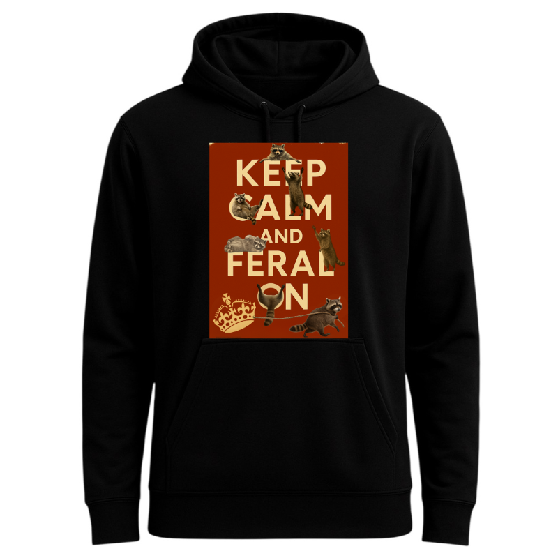 Keep Calm and Feral On Raccoon Hoodie – Unisex Black Pullover Graphic Hoodie | 32° Cooltech Performance Fabric
