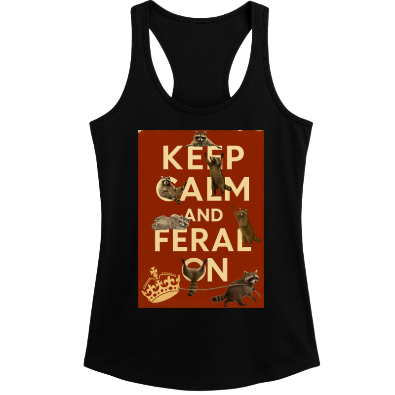 Keep Calm and Feral On Raccoon Tank – Women’s Black Racerback Graphic Top | 32° Cooltech Fabric