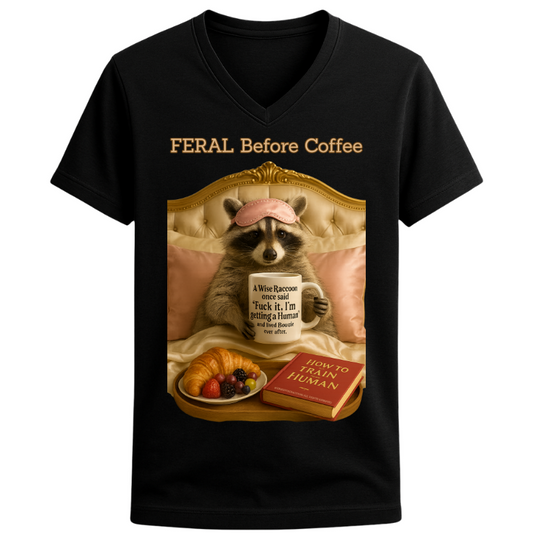 Feral Before Coffee Raccoon Tee – Unisex V-Neck Graphic T-Shirt | 32° Super-Tech Fabric
