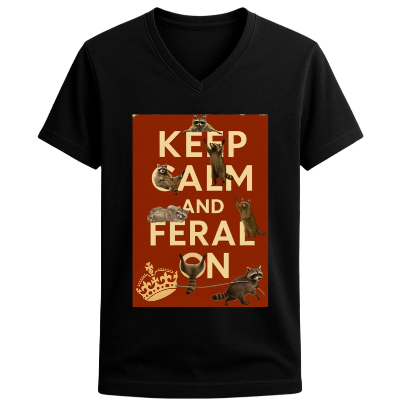 Keep Calm and Feral On Raccoon Tee – Unisex V-Neck Graphic T-Shirt | 32° Super-Tech Fabric