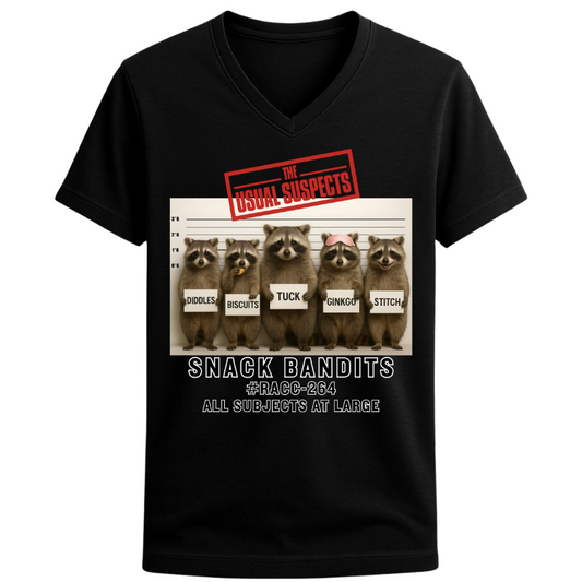 Usual Suspects Raccoon Tee – Snack Bandits lineup graphic on unisex V-neck, printed on 32° super-tech fabric.