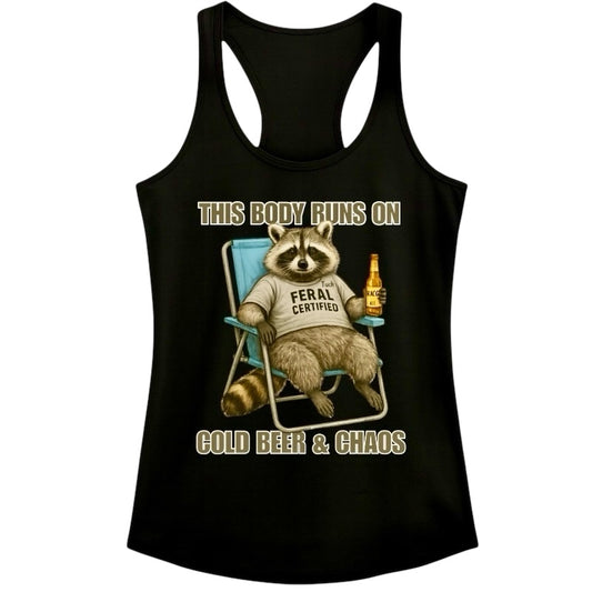 Cold Beer & Chaos Raccoon Tank – Women’s Black Racerback Graphic Top | 32° Cooltech Fabric