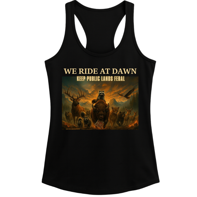 We Ride at Dawn Raccoon Tank – Women’s Black Racerback Graphic Top | 32° Cooltech Fabric