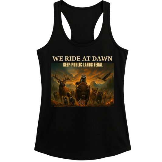 We Ride at Dawn Raccoon Tank – Women’s Black Racerback Graphic Top | 32° Cooltech Fabric