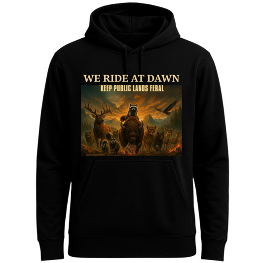We Ride at Dawn Raccoon Hoodie – Unisex Black Pullover Graphic Hoodie | 32° Cooltech Fabric