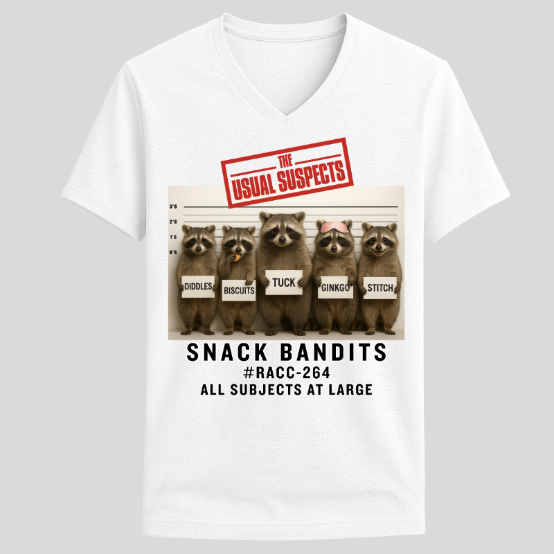 Usual Suspects Raccoon Tee – Snack Bandits lineup graphic on unisex V-neck, printed on 32° super-tech fabric.