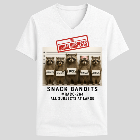 Usual Suspects Raccoon Tee – Snack Bandits lineup graphic on unisex V-neck, printed on 32° super-tech fabric.