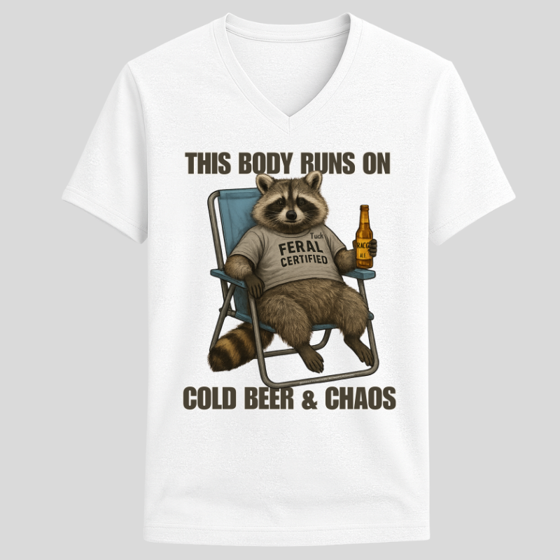 Cold Beer & Chaos Raccoon Tee – Unisex V-Neck Graphic Shirt | Feral Certified