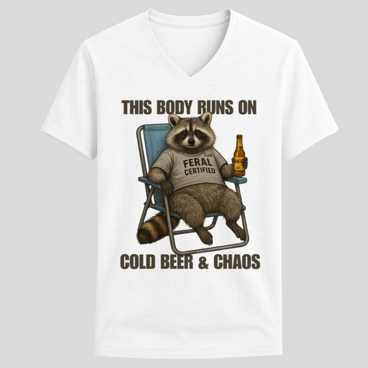 Cold Beer & Chaos Raccoon Tee – Unisex V-Neck Graphic Shirt | Feral Certified