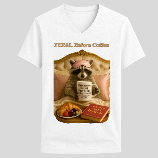 Feral Before Coffee Raccoon Tee – Unisex V-Neck Graphic T-Shirt | 32° Super-Tech Fabric