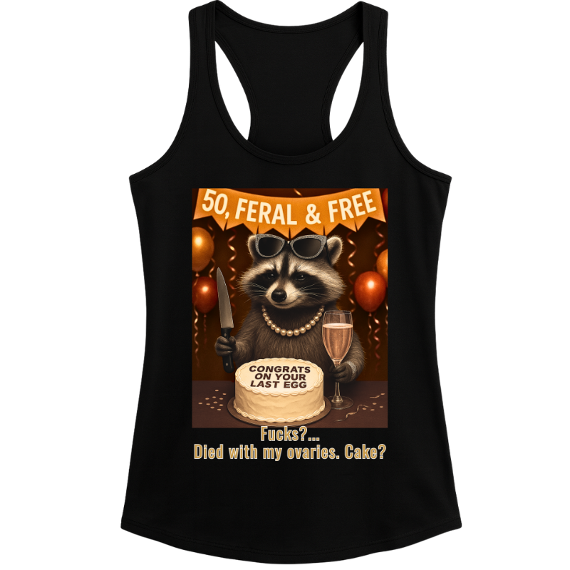 Congrats on Your Last Egg Raccoon Tank – Women’s Black Racerback Graphic Top | 32° Cooltech Fabric