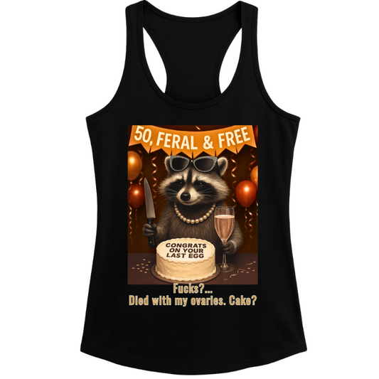 Congrats on Your Last Egg Raccoon Tank – Women’s Black Racerback Graphic Top | 32° Cooltech Fabric