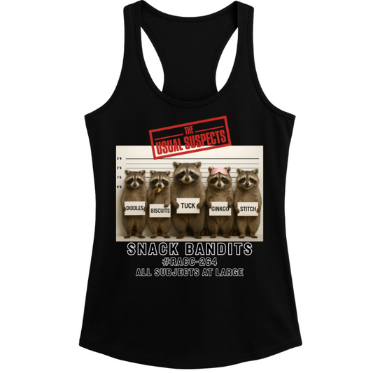 The Usual Suspects Raccoon Tank – Women’s Black Racerback Graphic Top | 32° Cooltech Fabric