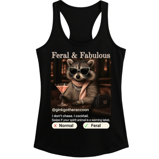 Feral & Fabulous Raccoon Tank – Women’s Black Racerback Graphic Top | 32° Cooltech Fabric