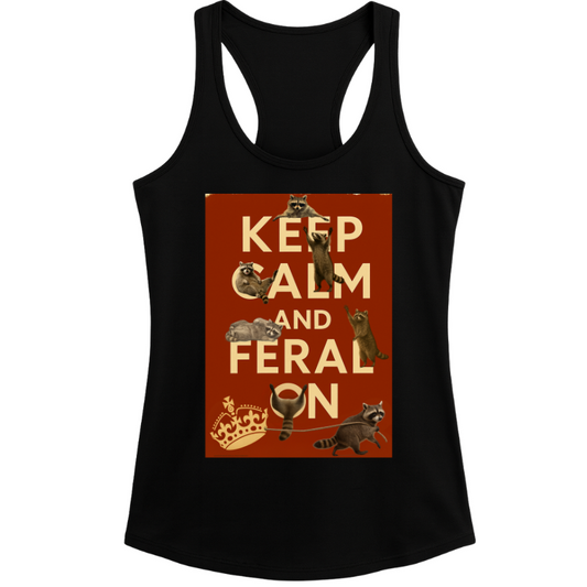 Keep Calm and Feral On Raccoon Tank – Women’s Black Racerback Graphic Top | 32° Cooltech Fabric