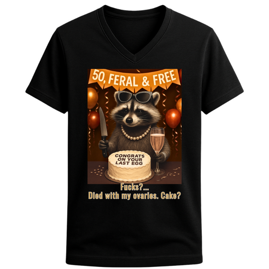 Congrats on Your Last Egg Raccoon Tee – Unisex V-Neck Graphic T-Shirt | 32° Super-Tech Fabric