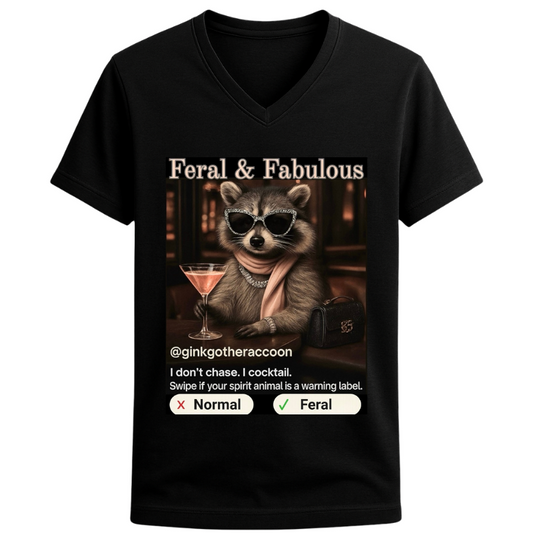 Feral & Fabulous Raccoon Tee – Unisex V-Neck Graphic T-Shirt | 32° Super-Tech Fabric