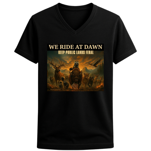 We Ride at Dawn Raccoon Tee – Unisex V-Neck Graphic T-Shirt | Keep Public Lands Feral