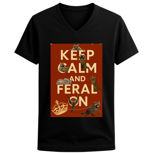 Keep Calm and Feral On Raccoon Tee – Unisex V-Neck Graphic T-Shirt | 32° Super-Tech Fabric