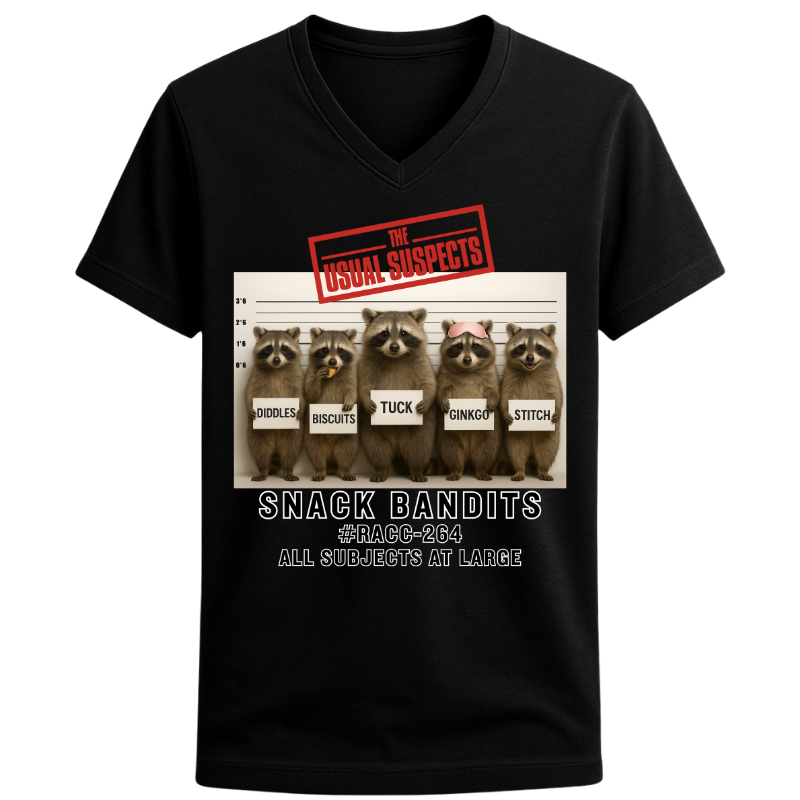 Usual Suspects Raccoon Tee – Snack Bandits lineup graphic on unisex V-neck, printed on 32° super-tech fabric.